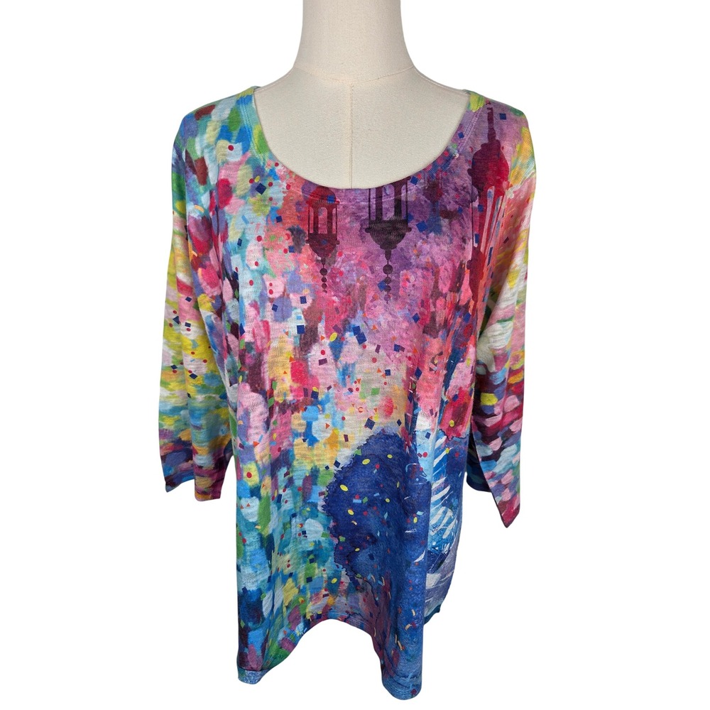 Et' Lois Lights on a Lily Pad Top XL Multicolor Knit 3/4 Sleeve Art To Wear EUC